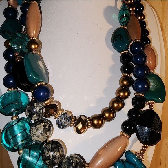 Vtg 3 Strand Multicolor Beaded Necklace Signed TS NWOT - Picture 3 of 6